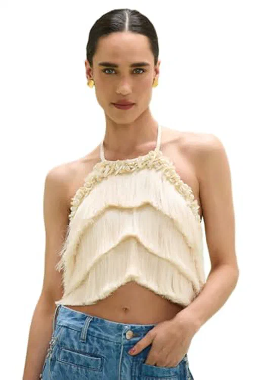 PATBO, Lila Fringe Top, 2, Off White