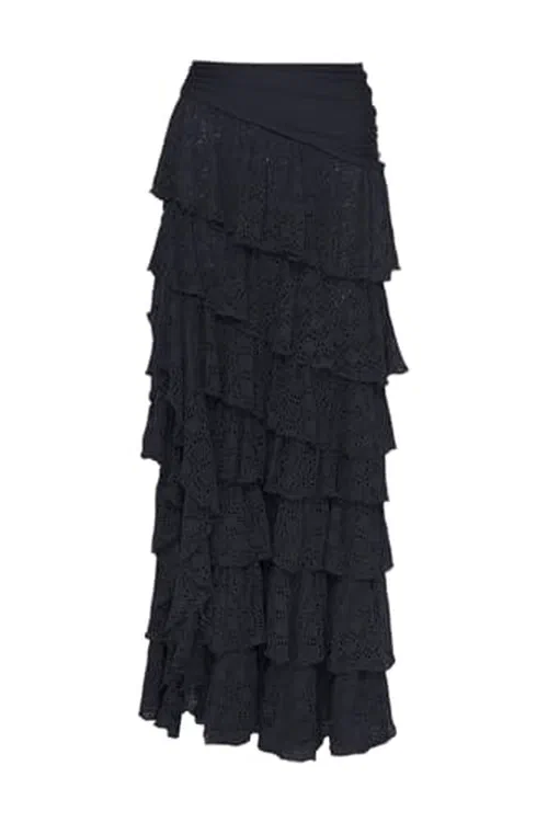 PATBO, Martina Lycra Ruffle Maxi Skirt Black, M