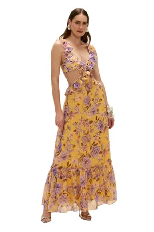 PATBO, Peony Print Lycra Cut Out Maxi Dress, XL