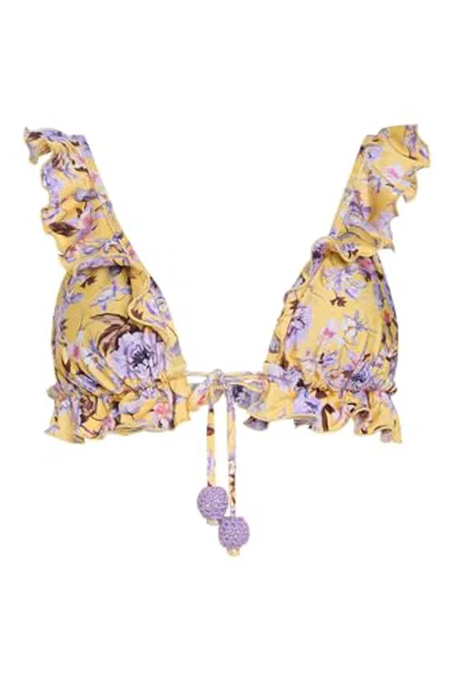 PATBO, Peony Print Lycra Flower Embellished Bikini Top, XS