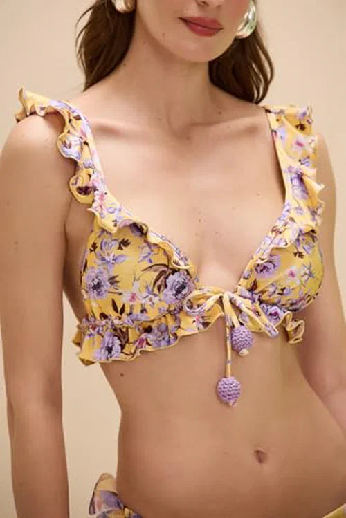 PATBO, Peony Print Lycra Flower Embellished Bikini Top, XS — view 3