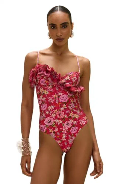 PATBO, Peony Print Lycra Ruffle Bodysuit, L