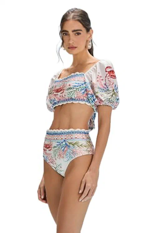 PATBO, Seaweed Puff Sleeve Bikini Top, L, Off White