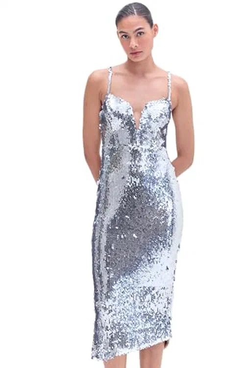 PATBO, Silver Sequin Midi Dress