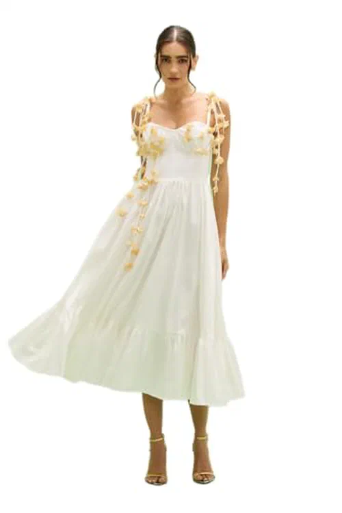 PATBO, Tricoline Lotus Midi Dress, 2, Off White