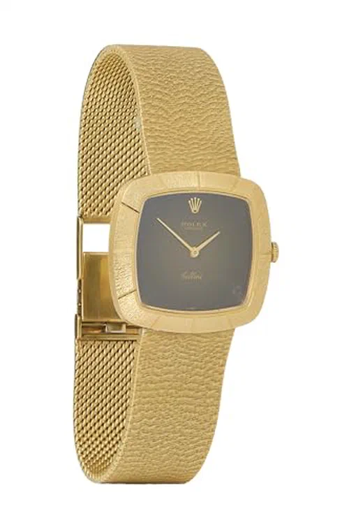 Rolex, Pre-loved Black Dial Gold Cellini Cushion Bracelet Watch