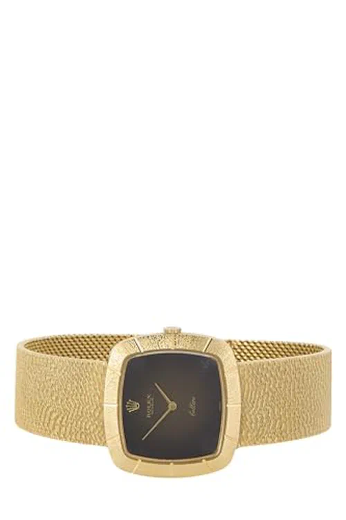 Rolex, Pre-loved Black Dial Gold Cellini Cushion Bracelet Watch — view 3