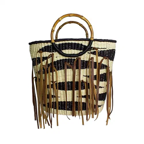Sensi Studio, Leather Fringe Zebra Tote, Unique, Natural-Black Straw/Black-Camel Leather Details