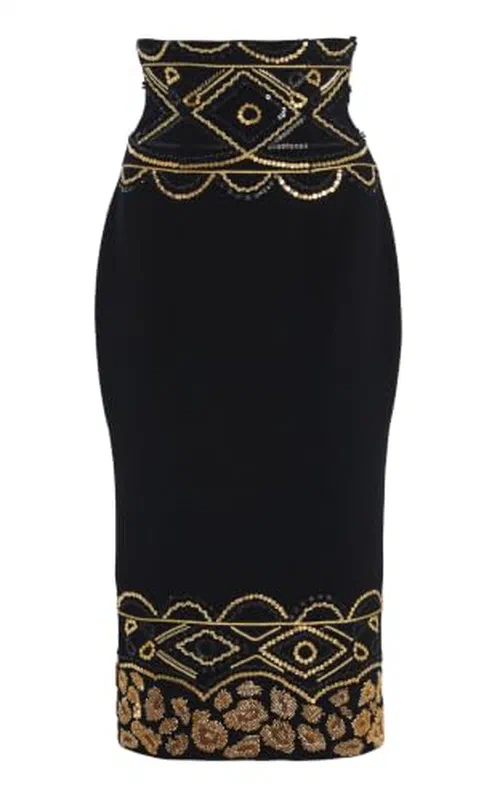Sergio Hudson, Embroidered Corset Wool Crepe Pencil Skirt