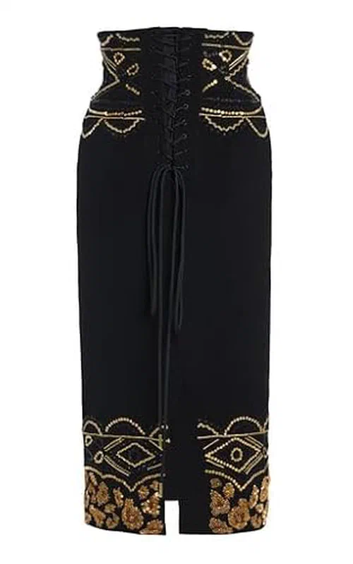 Sergio Hudson, Embroidered Corset Wool Crepe Pencil Skirt — view 3