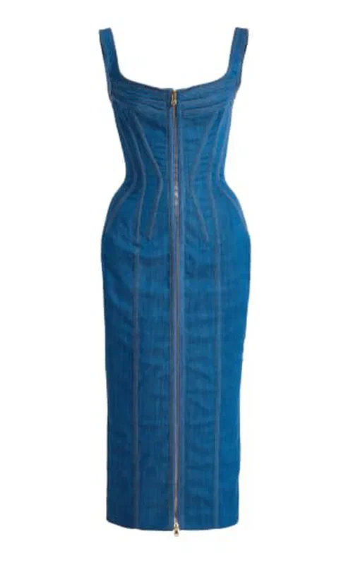 Sergio Hudson, Topstich Corset Denim Midi Dress