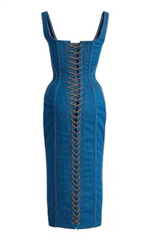 Sergio Hudson, Topstich Corset Denim Midi Dress — view 3