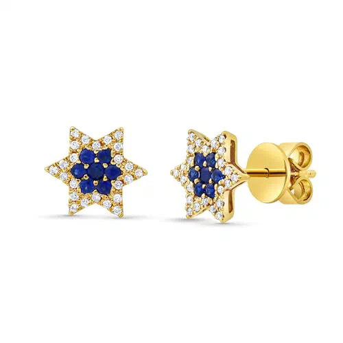 Star of David 0.34 Carat Diamond & Sapphire Stud Earrings in 18K Gold