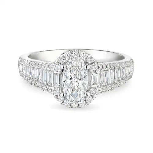 Watters 1.47 Carat Oval and Baguette Diamond Halo Ring in 18K White Gold